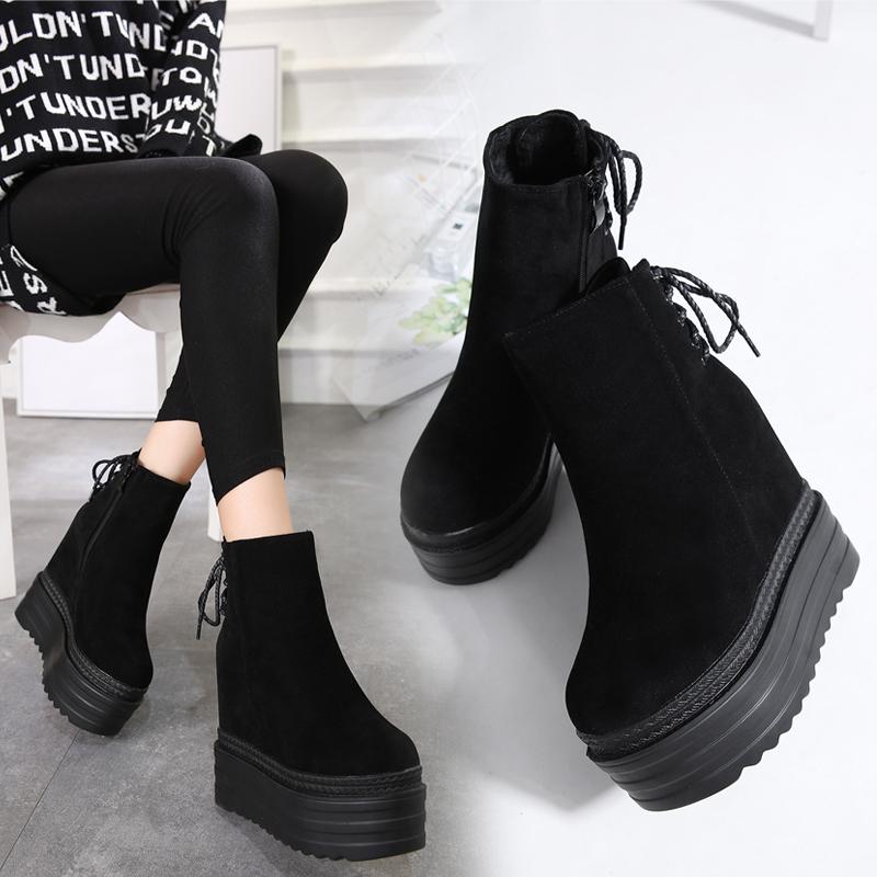 

Muffin thick-soled short boots 2020 fashion new matte suede women's boots 14cm inside the elevated waterproof platform slope, Black12cm