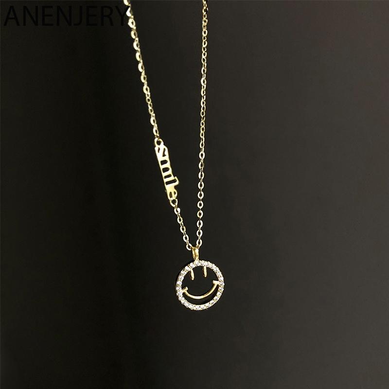 

ANENJERY 925 Sterling Silver Cubic Zircon Smiling Favce Letter Necklace For Women Simple New Clavicle Chain Birthday Gift S-N678