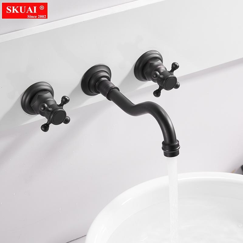 

3 Pcs Basin Mixer Tap Basin Faucets Wall Mounted Brass Bathroom Sink Faucet Black & Archaize Faucet Dual Handle Sink Mixer Tap1