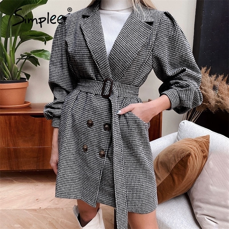 

Simplee women' notched collar dress coat black plaid with puff sleeve and belt elegant classic casual look spring autumn winter 201216