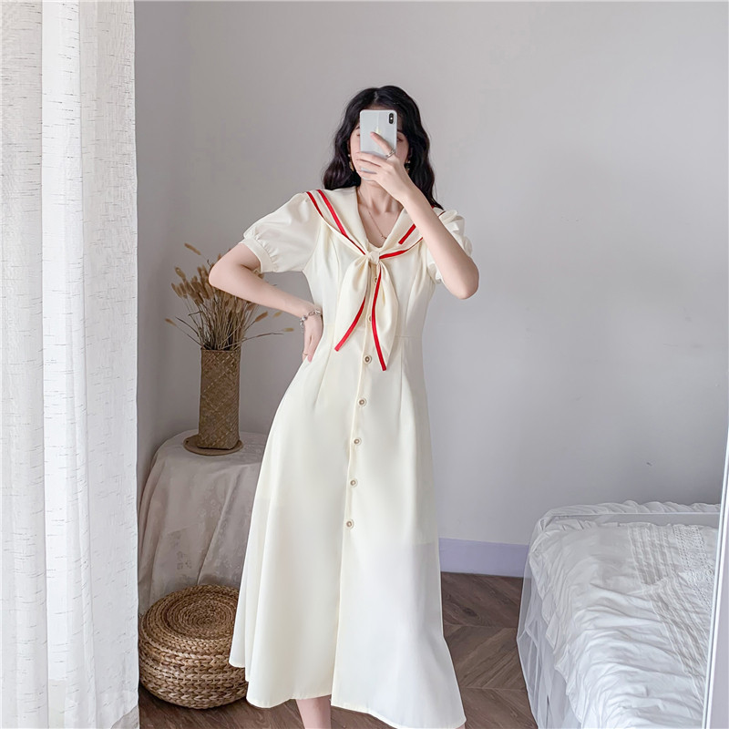 

2021 New Portrait British Sea Turtleneck Thin Female Contrast Line Vintage with Short Sleeves High Waist Dress JLHT, Multi