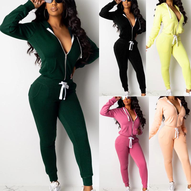

Autumn Women' Fashion Hooded Long Sleeve Slim Zipper Sports Casual Pure Color Suit 2 Pieces Sets Sweatshirt And Pants Suits, Orange