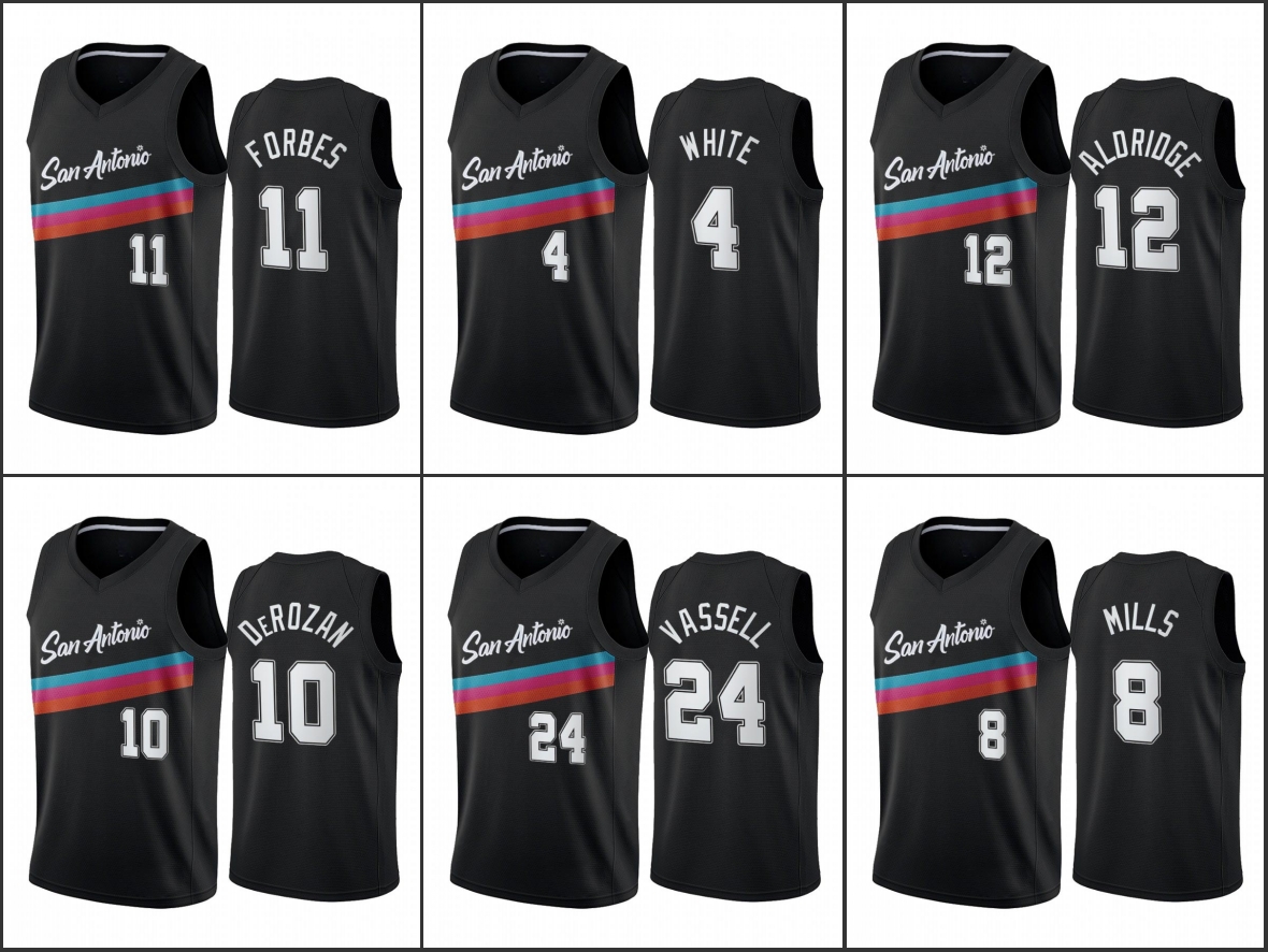 

San Antonio Spurs Men DeMar DeRozan LaMarcus Aldridge Devin Vassell Derrick White Black City Edition 2020-21 Jersey