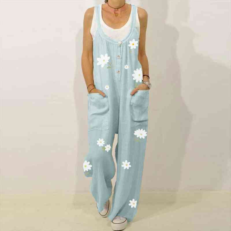 

floral print strap cotton linen jumpsuit women summer elegant button strappy backless pocket loose trousers rompers 616, Black;white