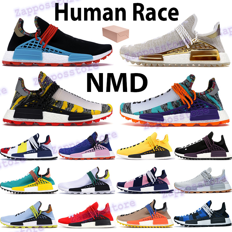 

NMD mens running shoes human race hu pharrell solar red orange nerd blue cream china pack gold peach hue scarlet women sneakers, Box
