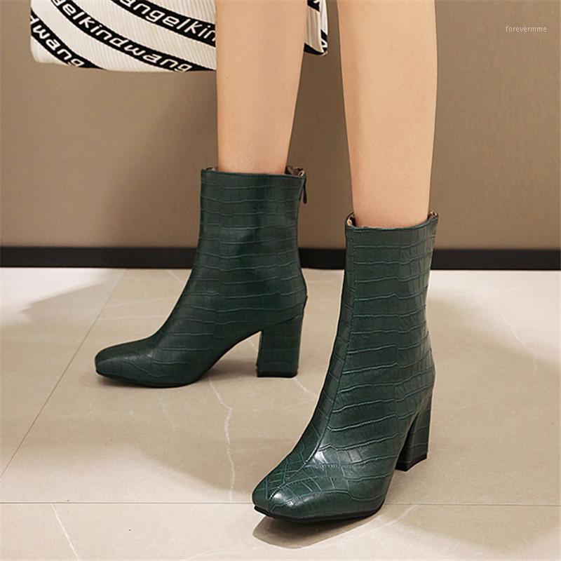 

2021 Boots Square head Fashion autumn Elegant Short Booties Ladies Ankle Zipper White Black green Thick High Heel Ankle Boots1
