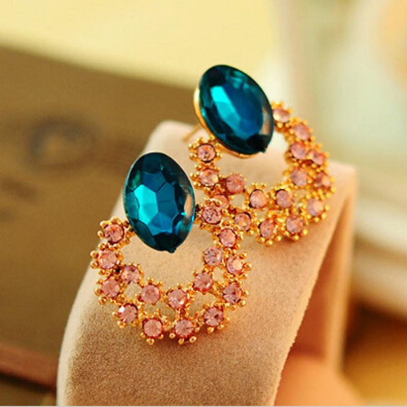 

Fashionable new hollow sea blue crystal inlaid rhinestone earrings prom party birthday gift