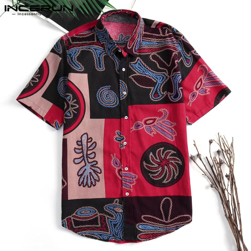 

Men Casual Shirt Short Sleeve Cotton Button Up Streetwear Vintage Tops Men Hawaiian Shirts Vacation Camisas 2020 INCERUN, Yellow shirt