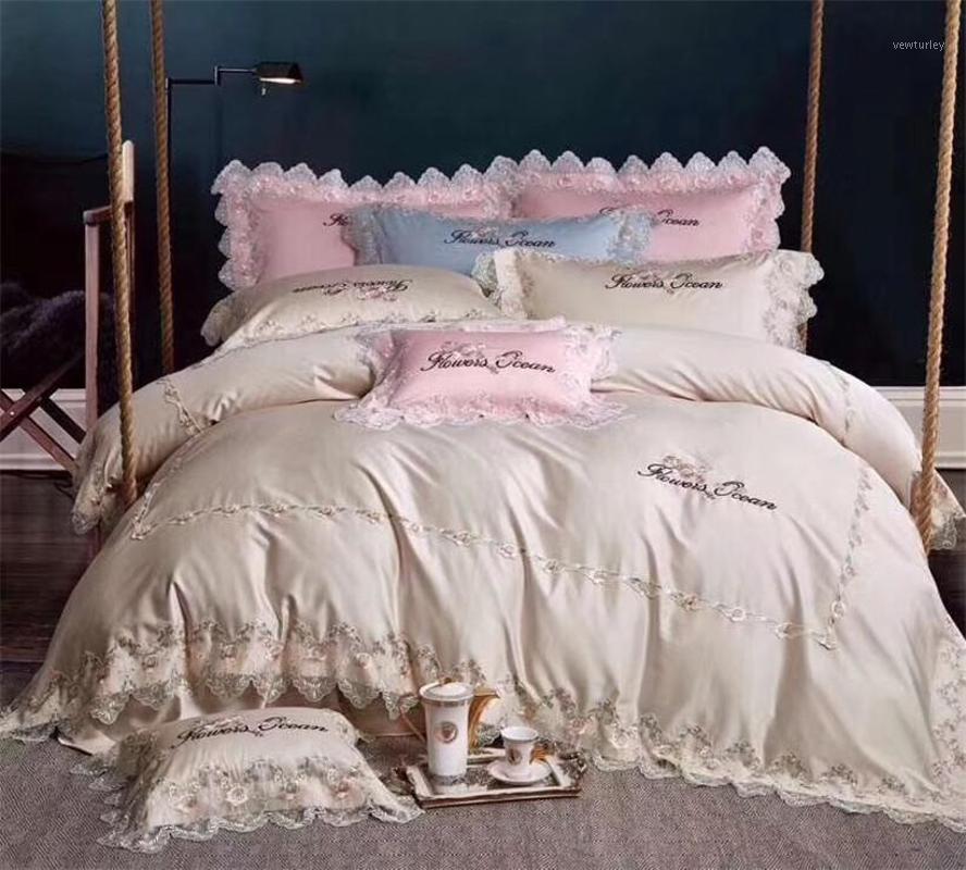

Pink Blue Lace Ruffle Floral Shabby Chic Duvet Cover Set with Bed sheet 600TC Egyptian Cotton Bedding Sets Queen King 4 Pieces1, Color 2