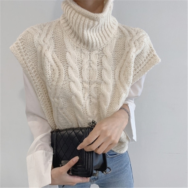 

Autumn Winter Turtleneck Sleeveless Sweater Vest Women Fashion Twist Pattern Short Pullover Waistcoat Casual Loose Knitwear Tops 201119, Coral red