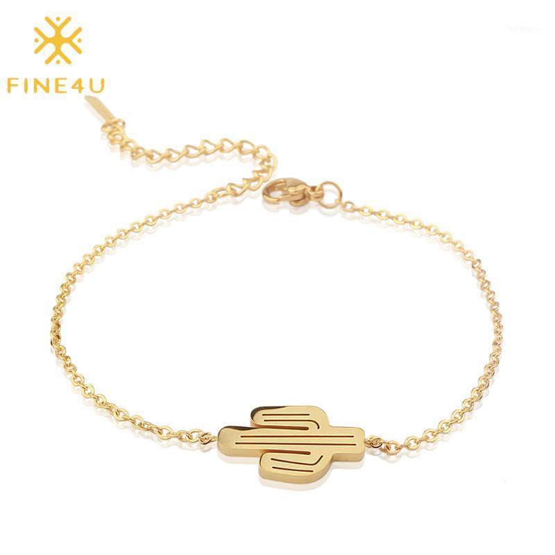 

FINE4U B173 Stainless Steel Plant Cactus Charm Bracelet Gold Color Link Chain Bracelets Women Girl Friendship Gifts1