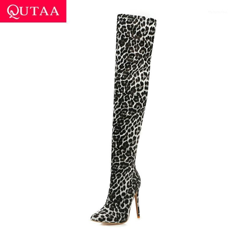 

QUTAA 2020 Women Winter Over The Knee Boots Pointed Toe Leopard Zipper Long Boot Thin High Heel PU Leather Women Shoes Size34-431, White