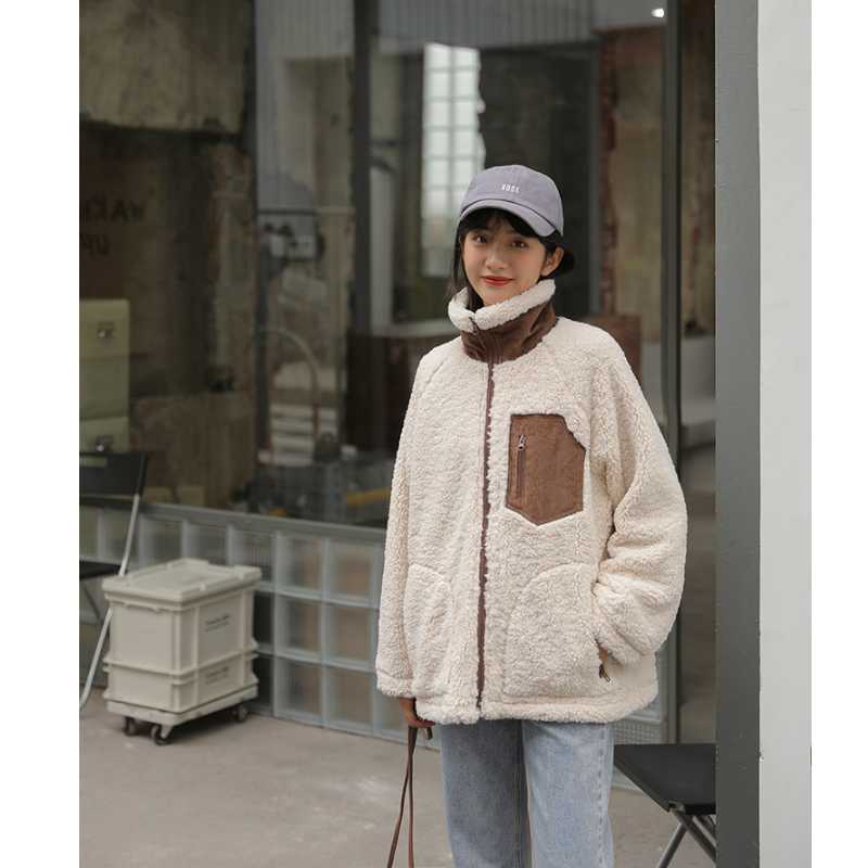 

2020 Winter Autumn Women New Korean Version Loose Fashion Contrast Color Stitching Lamb Wool Warm Casual Female Zipper Coat Tops, Beige