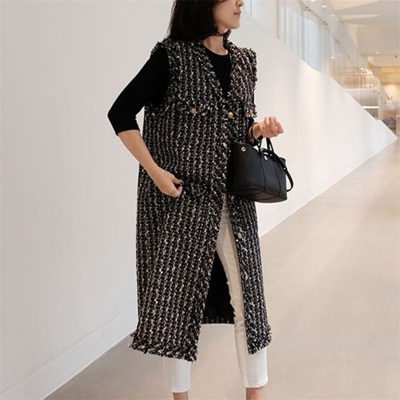 

[DEAT] Spring Autumn New Fashion Tide Single-breasted V-neck Splicing Long Sleeveless Temperament Women Vest 13U476 201028, Black