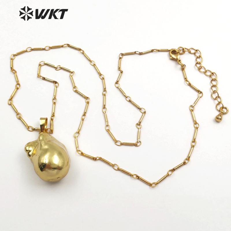 

WT-JN059 Natural Raw Baroque Pearl Jewelry Full Gold Dipped Pearl Pendant Inlay 18''Inch Banboo Chain Personalize Gift For Women
