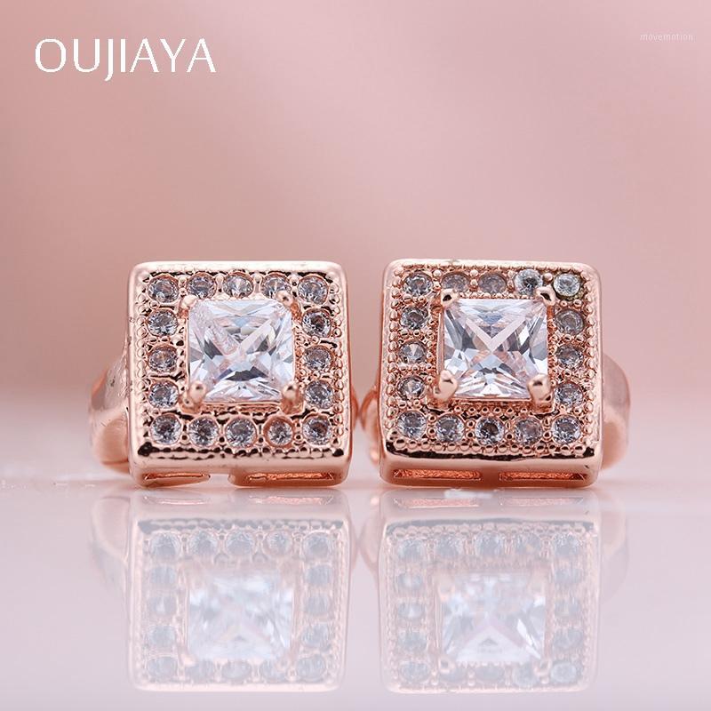 

OUJIAYA Luxury square 585 Rose Gold Women Dangle Earrings Micro Wax Inlay Natural Zircon Fashion Wedding earrings A31