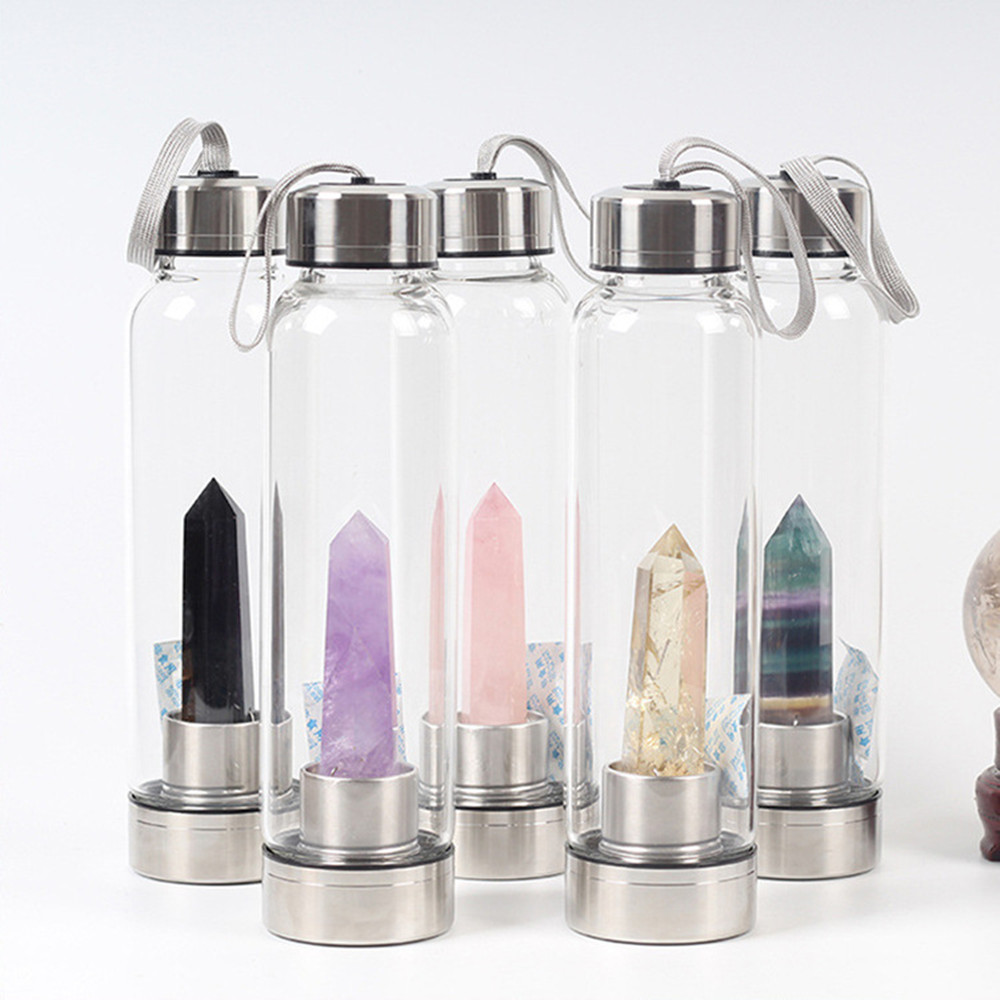 

High Quality Creative Natural Crystal Quartz Gemstone Water Bottle Wand Point Reiki Healing Glass Healing Bottles Glass 550ml