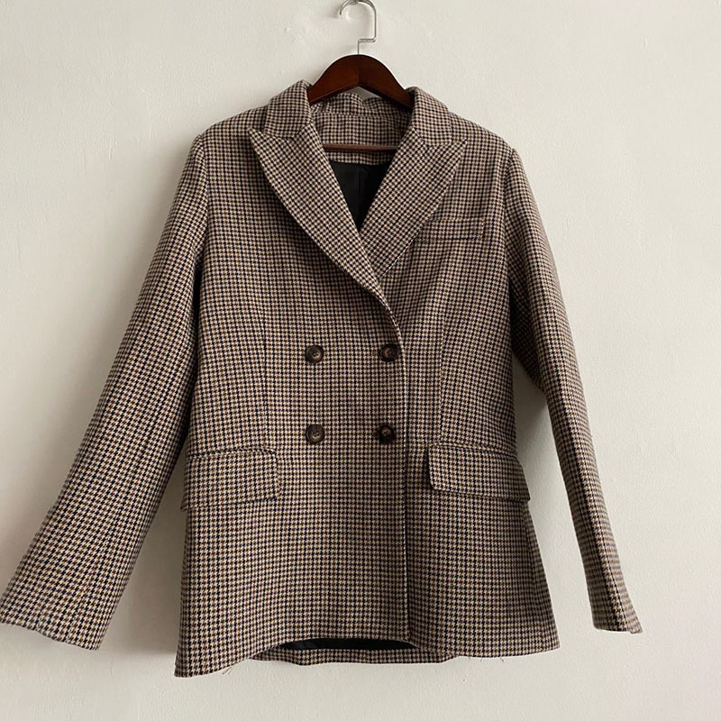 

Check female blazer casual autumn sleeve long pockets vintage suit 2020 lady British office style women's coat winter, Beige and blue.