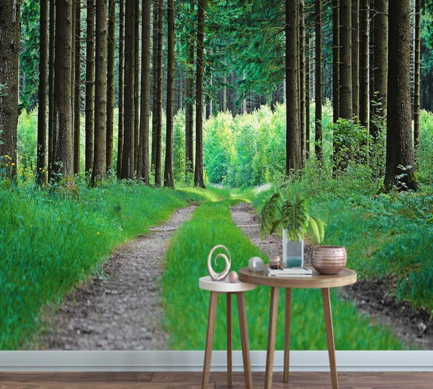 

Free Shipping Beauty Restaurant Living Room Wallpaper Bedroom Mural 3D Custom Forest Path Green Fresh Plant Background Wall, As pic