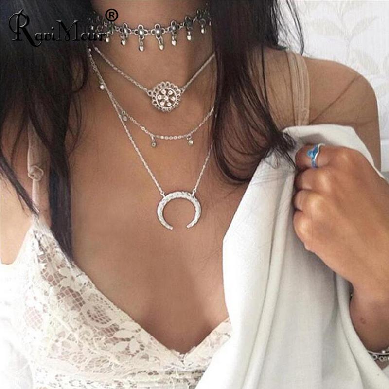 

Vintage Chokers Women Maxi Necklaces & Pendants Bohemian Mulitilayer Moon Flower Collier Femme Boho Long Jewelry 2020