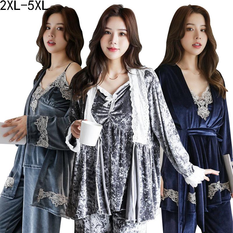 

5XL Velvet Robe Sets Nightwear Plus Size 100kg Wear 3 Piece Lace Sexy Lingerie Women Kimono for pregnant Winter camison mujer, Blue
