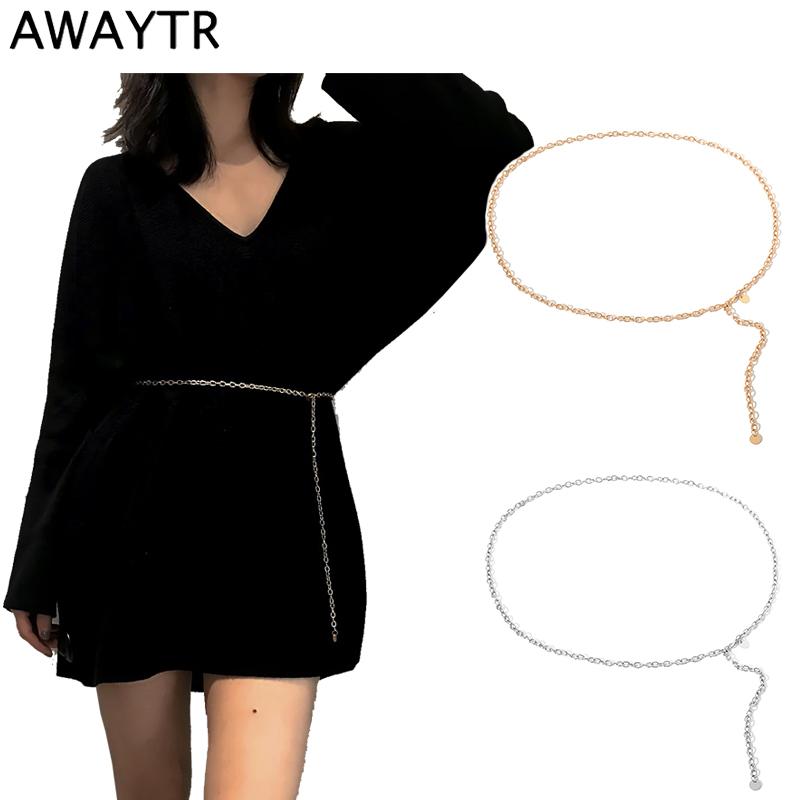 

AWAYTR Women Fashion Metal Waist Chain Belt Gold Silver Narrow Adjustable Sweater Chain High Waist Tassel Cummerbund Accessories, Black