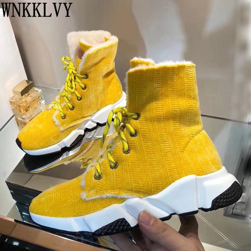 

New Thick Sole Knitting Snow Boots Women Candy Colors Plush Lining Lace Up Ankle Botas Warm Winter Short Boots Plus Size Shoes, Black