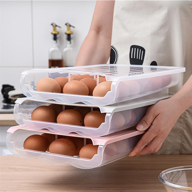 

Large Capacity Egg Storage Box Single Layer With Lid Auto Roll Plastic Transparent Egg Case Refrigerator Preservation Box