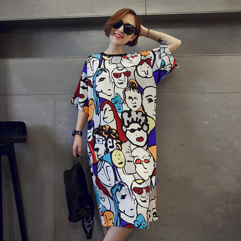 

2021 New Plus Size Clothing Summer Vintage Abstract Art Print Casual Women Robe Sexy Cotton Vestidos t Shirt 3x6c, Blue