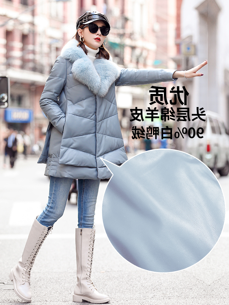 

for Genuine Women, Winter 100%, Lambskin, Jacket, Fox Skin Collar, Long Luxury Leather Jacket Down Qogz, Blue one