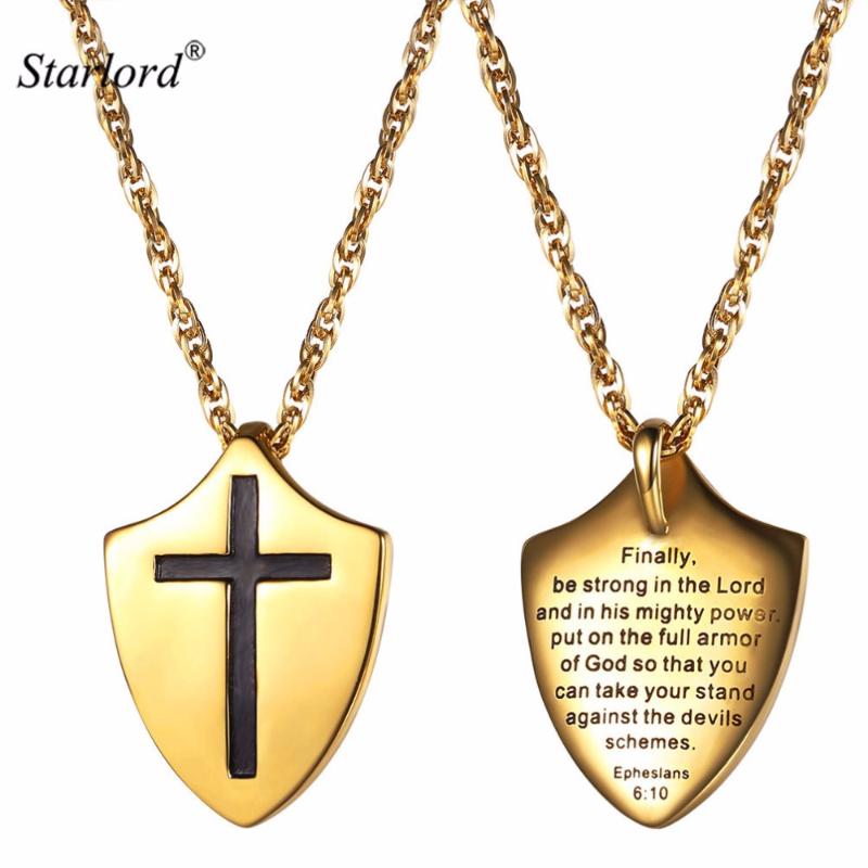 

Armor Of God Shield Necklace Gold/Stainless Steel/Black Ephesians 6:10 Engraved Necklace Bible Verse Jewelry P2947