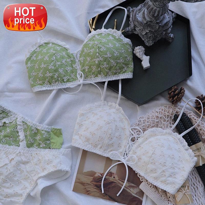 

Lolita Luxury Wire Free Bra and Panty Girl Teen Underwear Lounge Set Women Intimates Embroidery Lingerie Bralette Top Green 2020 #hT7N, Black;white