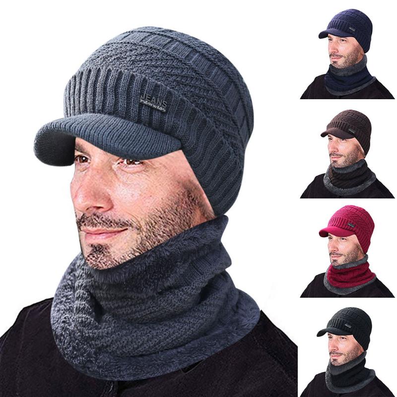 

Men's Knitted Hat With Neck Scarf Men Warm Beanie Winter Thicken Hat And Scarf Two-Piece Knit Windproof Cap Glamorous Gentleman