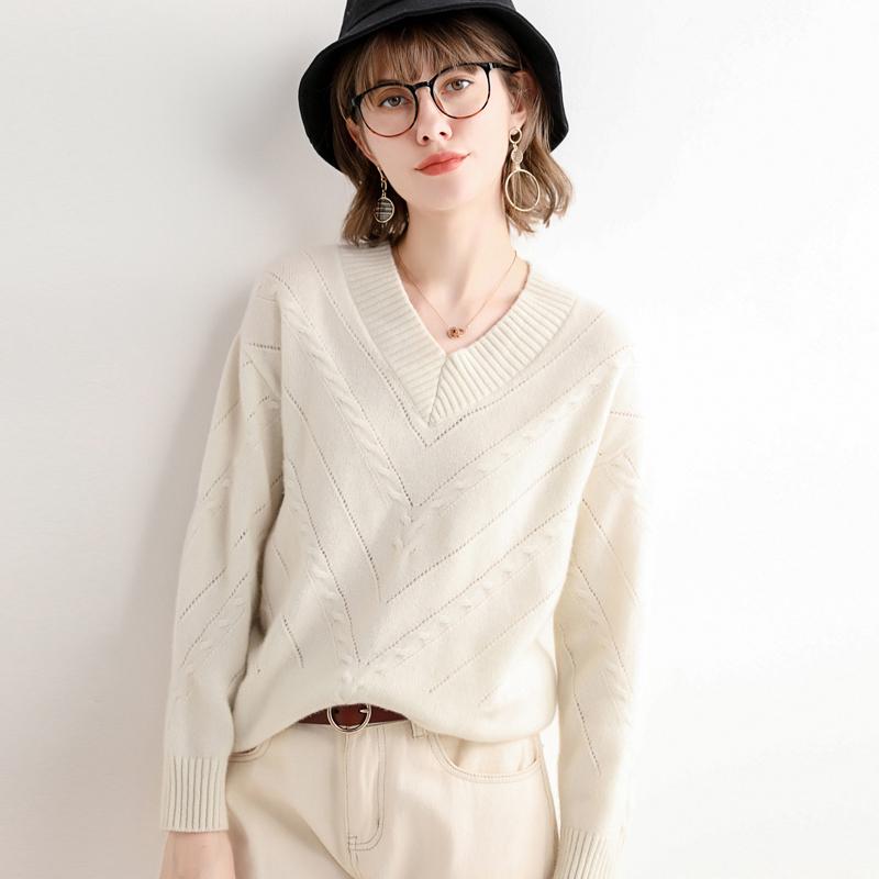 

Sweater striped v-neck female long sleeves knitted natural wool solid jumper soft slim pullover, Green