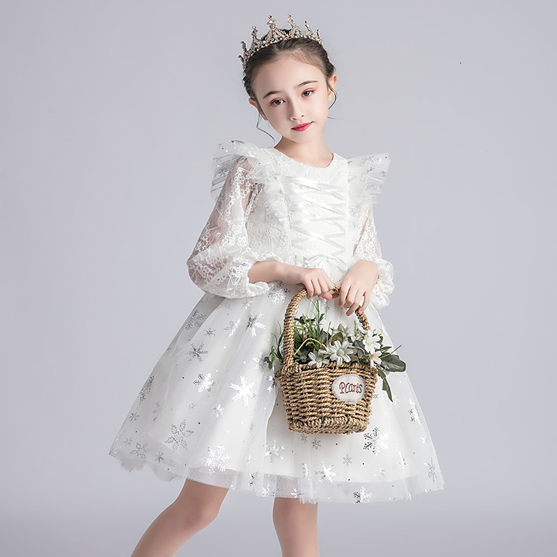 

2021 New Autumn Costume Sequined Lantern Sleeve Kids Girls Princess Mesh Girl Party Evening Ball Gown 4-9t White Rxs4