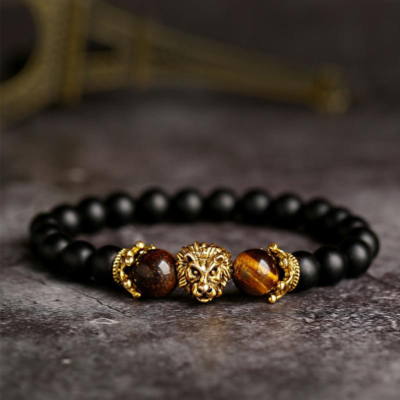 

Fashion Crown Lion Charm Bracelet Men Classic Matte Onyx Stone Set Bracelet For Men Pave Jewelry Gift Handmade Beaded