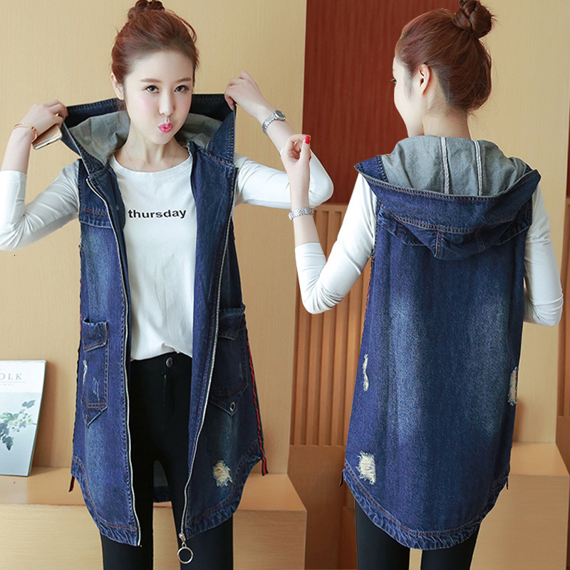 

Denim Female Spring with Outerwear Hood Vest 3j3t, Blue