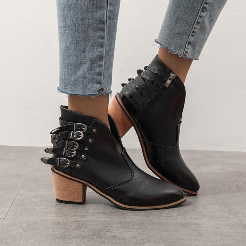 

Women's Solid Color Belt Buckle Side Zipper Short Boots, Thick And Square Heel Personality Low-top Women's Boots#1, Brown