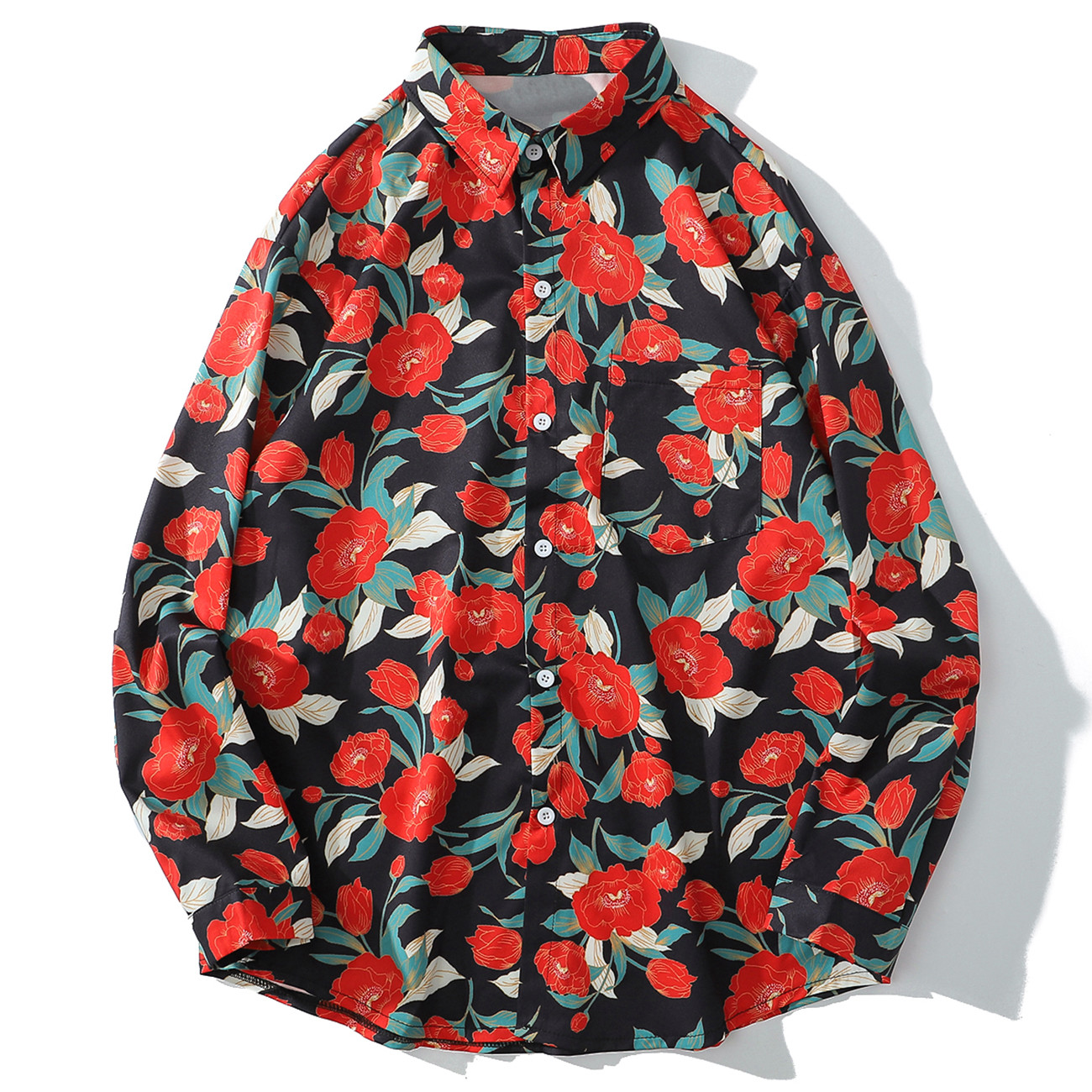 

2021 New Red Peony Flowers Print Long Sleeve Casual Harajuku Streetwear Cotton Loose Hawaiian Beach Shirts Tops Mens Rgg1