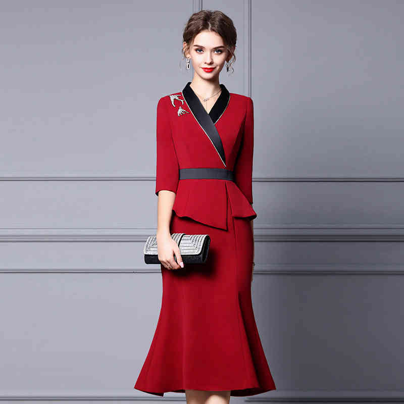 

Casual Dresses Zhili early autumn temperament dress high-end embroidery Nail Drill shows thin fake two medium and long fishtail skirts 01N9, Wine