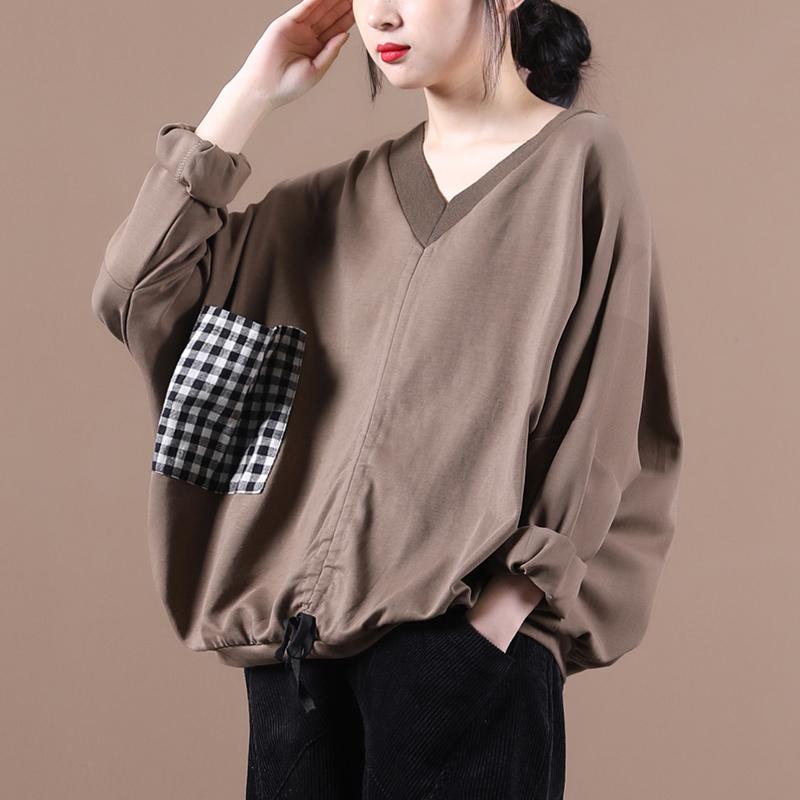 

EWQ] 2020 Autumn New Pattern V-collar Long Sleeve Plaid Print Patchwork Pullovers Casual Sweatshirt Women Large Size 3AC0012, Black