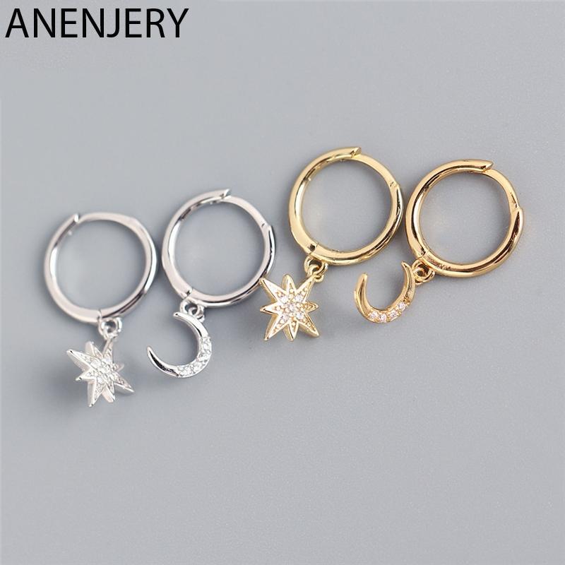 

Hoop & Huggie ANENJERY 925 Sterling Silver Stars Moon Earrings For Women Gold Jewelry Wholesale S-E1360