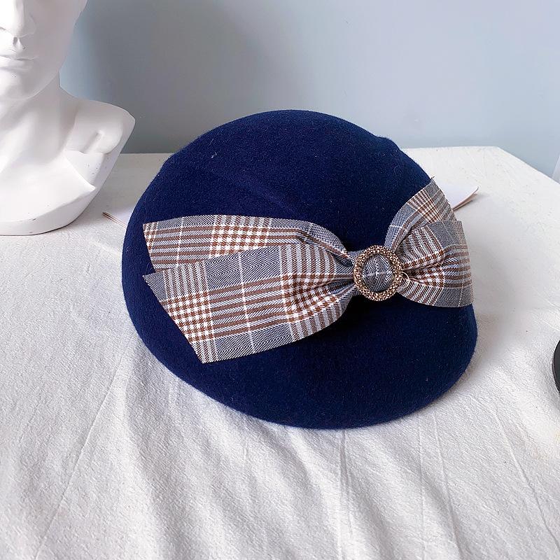 

202010-dupian-xiaoxiang British elegance winter plaid bowknot leisure lady beret cap women fishermen hat, Black