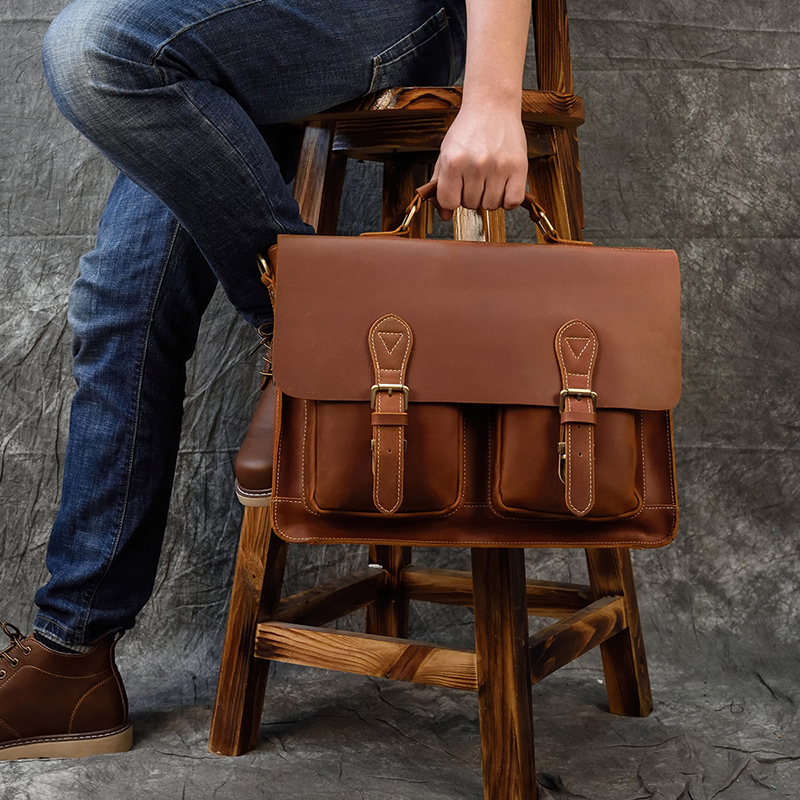 

Maheu 42cm large men genuine briefcase handbag mad leather portable horse from vintage office bags brown computer bag man, 42cm dark brown