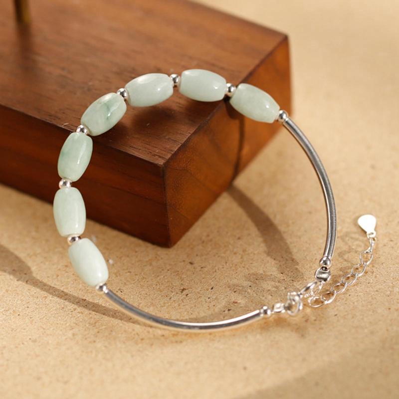 

Charm Bracelets Green Oval Jadeite Silvery Natural Handmade Bracelet Bangle Wedding Jewelry Gifts DIY For Women Bridal Adjustable