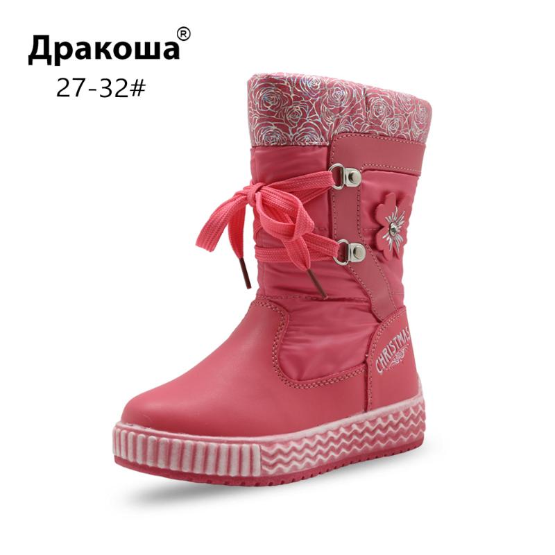 

Apakowa Girl Winter Boots Children's Lace-up Leather Snow Boots with Plum Blossom Ornament Thicken Woolen Lining Shoes for Kids, Grey