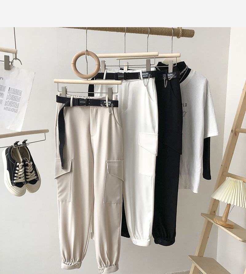 

2021 New High waist tooling harem women' spring Korean fashion all-match solid color nine points casual radish pants belt Y9UI, Apricot