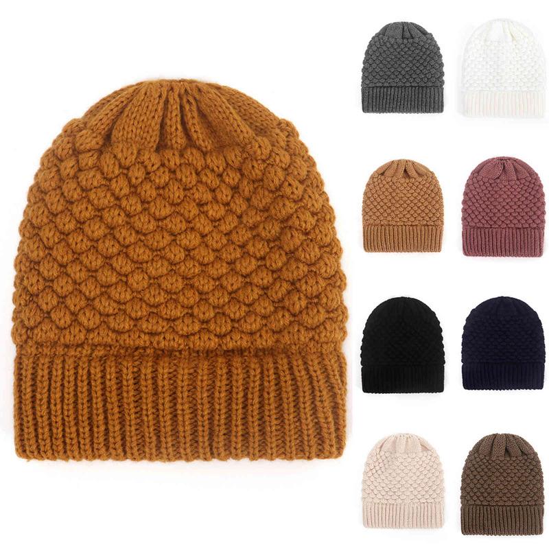 

Knit Beanie Winter Hats For Women Woolen Cap Stretch Crochet Messy Bun Holey Hat Casual Skullies Beanies Girl Caps, Bk