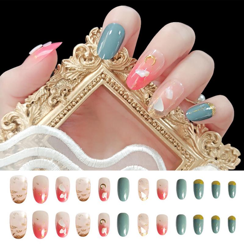 

24 Pcs Full Cover Gold Leaf Fake Nails Manicure Nail Art Tips Shell False Nails Long Coffin Press On Ballerina Fake