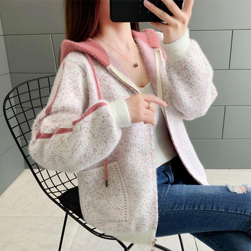 

Women 2021 Autumn Winter New Fashion Imitation Mink Velvet Coats Female Short Hooded Jackets Ladies Knit Cardigan Outwears W576, Black